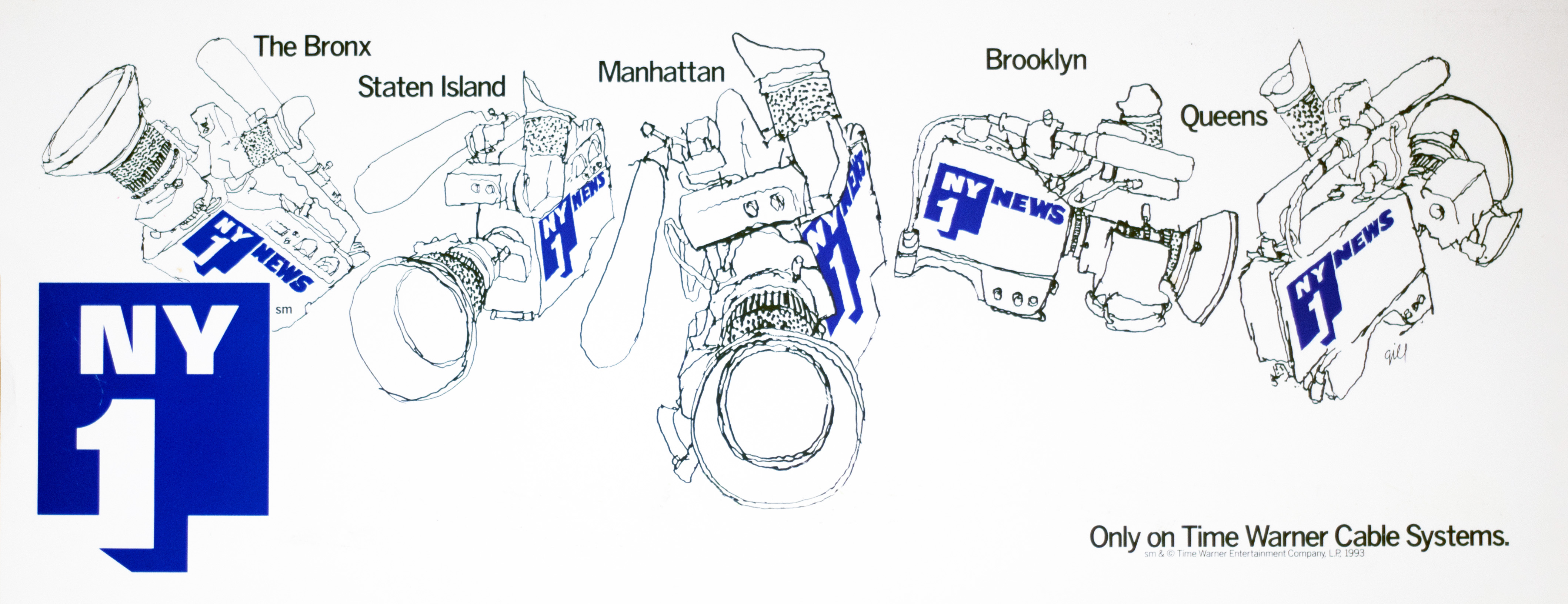 Five hand drawn video cameras each representing a borough of New York City